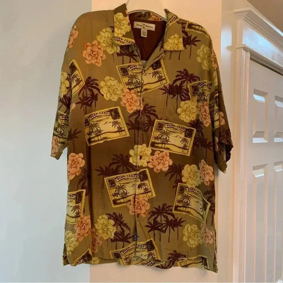 Tommy Bahama 100% Silk Hawaiian Camp Shirt Mens L Bombay Greetings Butter Yellow - Picture 1 of 6
